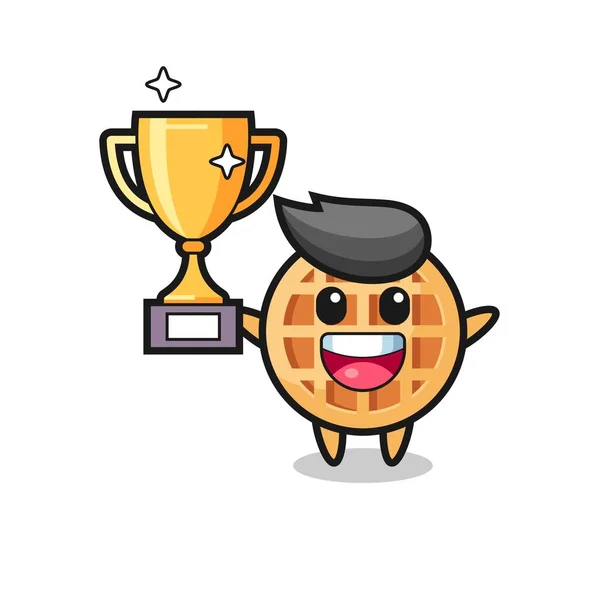 Cartoon Illustration Circle Waffle Happy Holding Golden Trophy Cute Design — Stock Vector