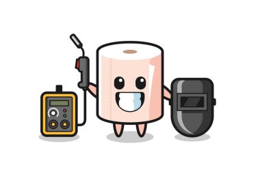 Doku rulosunun karakteristik maskotu kaynakçı, sevimli tasarım.