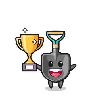 Çizgi film kürek tasviri altın kupayı elinde tutmaktan mutlu, şirin tasarım.