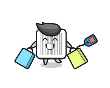 Barkod maskot çizgi filmi elinde alışveriş çantası, şirin bir tasarım.