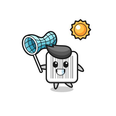 Barkod maskotu illüstrasyonu kelebek yakalıyor, şirin tasarım.