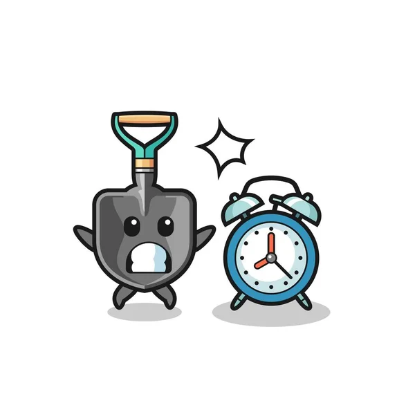 シャベルの漫画イラストは巨大な目覚まし時計 かわいいデザインで驚いています — ストックベクタ