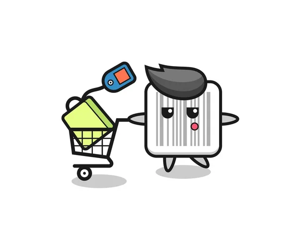 Barcode Illustratie Cartoon Met Een Winkelwagen Schattig Ontwerp — Stockvector