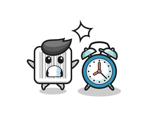 Dibujos Animados Ilustración Código Barras Sorprende Con Reloj Despertador Gigante — Vector de stock