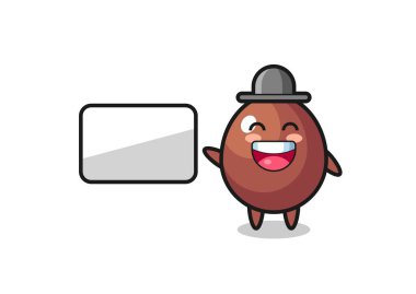 Çikolatalı yumurta karikatürü sunumu yapıyor, şirin bir tasarım.