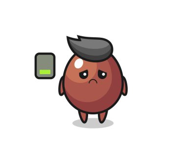 Çikolatalı yumurta maskotu karakteri yorgun bir jest yapıyor, şirin bir tasarım.