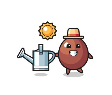 Çikolata yumurtası sulama kutusu çizgi film karakteri, şirin bir tasarım.