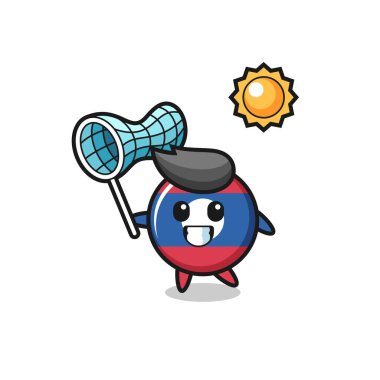 Laos bayrak maskotu illüstrasyonu kelebek yakalıyor, şirin tasarım.