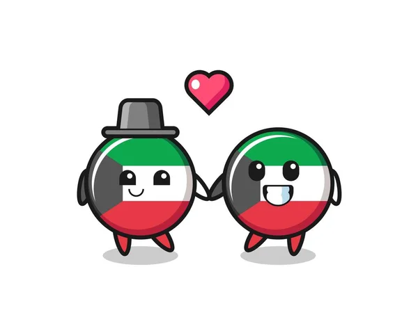 Kuwait Flag Badge Cartoon Character Couple Fall Love Gesture Cute — Stock Vector