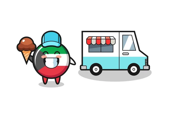 Mascota Dibujos Animados Kuwait Bandera Insignia Con Camión Helados Lindo — Vector de stock