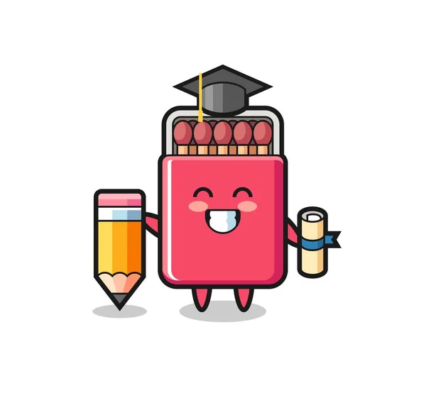 Caja Cerillas Ilustración Dibujos Animados Graduación Con Lápiz Gigante Lindo — Vector de stock