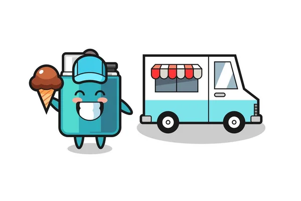 Mascota Dibujos Animados Encendedor Con Camión Helados Lindo Diseño — Vector de stock