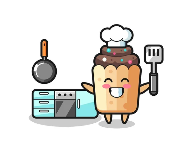 Illustration Personnage Cupcake Comme Chef Cuisine Design Mignon — Image vectorielle