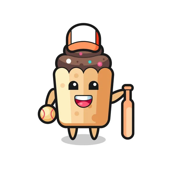 Personnage Dessin Animé Cupcake Tant Que Joueur Baseball Design Mignon — Image vectorielle