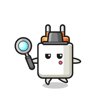 Güç adaptörü çizgi film karakteri büyüteçle arıyor, şirin bir tasarım.