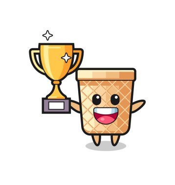 Waffle konisinin çizgi film çizimi altın ödülü elinde tutmaktan mutlu, şirin tasarım.