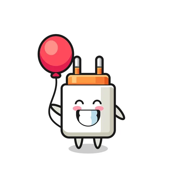 Power Adapter Mascot Illustration Playing Balloon Cute Design — Stock Vector