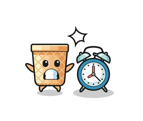 Desenhos Animados Ilustração Cone Waffle Surpreendido Com Relógio Alarme Gigante —  Vetores de Stock
