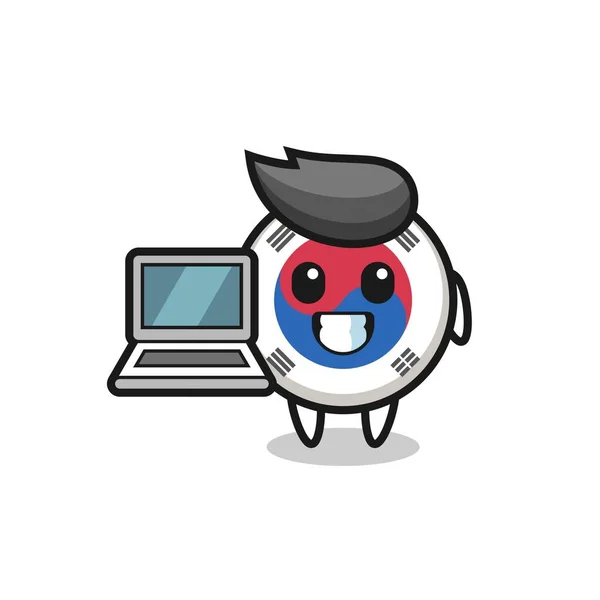 Mascotte Illustratie Van Zuid Korea Vlag Met Een Laptop Schattig — Stockvector