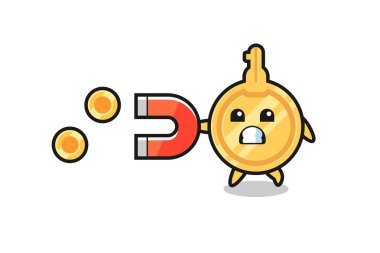 Anahtar karakteri altın sikkeleri yakalamak için bir mıknatıs tutar, şirin tasarım