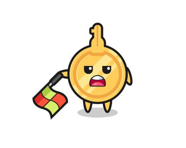 Çizgi yargıcı olarak kilit karakter bayrağı 45 derecelik açıyla aşağıda tut, şirin tasarım.