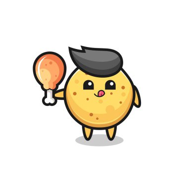Tatlı patates cipsi maskotu kızarmış tavuk yiyor, şirin tasarım.