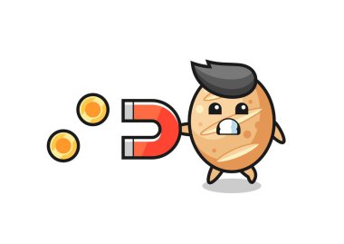 Fransız ekmeği karakteri altın sikkeleri yakalamak için bir mıknatıs tutar, şirin tasarım.