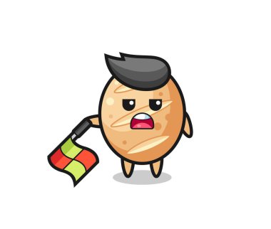 Fransız ekmeği karakteri çizgi hakemi olarak bayrağı 45 derecelik açıyla tutun, şirin tasarım.