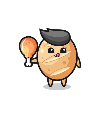 Fransız ekmeği, sevimli maskot kızarmış tavuk yiyor, şirin tasarım.
