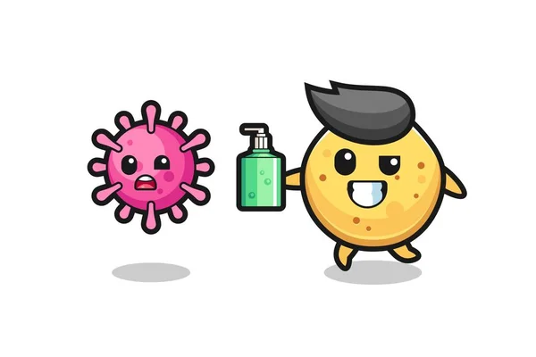 手の消毒剤で邪悪なウイルスを追いかけるポテトチップスのキャラクターのイラストかわいいデザイン — ストックベクタ