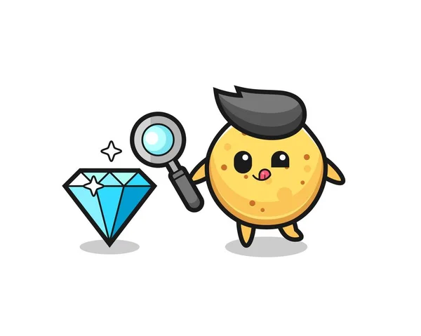 薯片吉祥物是检查钻石的真伪 可爱的设计 — 图库矢量图片
