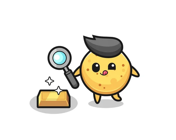 Персонаж Картопляного Чіпа Перевіряє Автентичність Золотого Злитка Милий Дизайн — стоковий вектор
