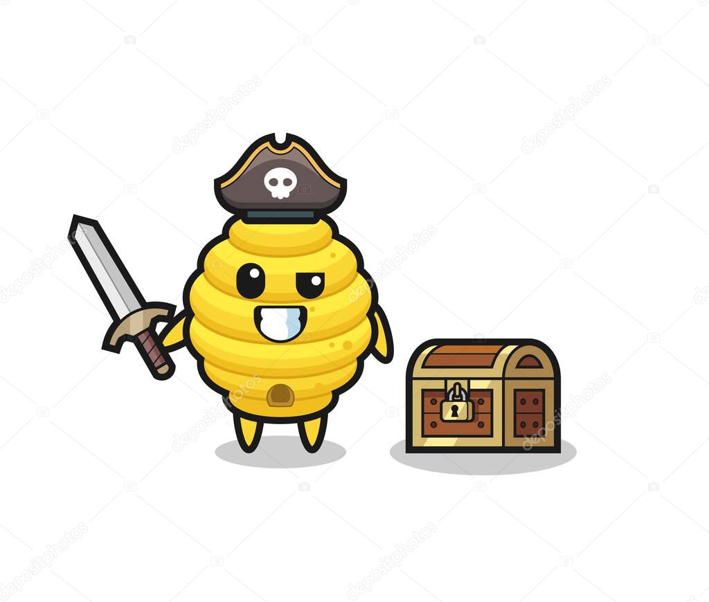 the bee hive pirate character holding sword beside a treasure box , cute design