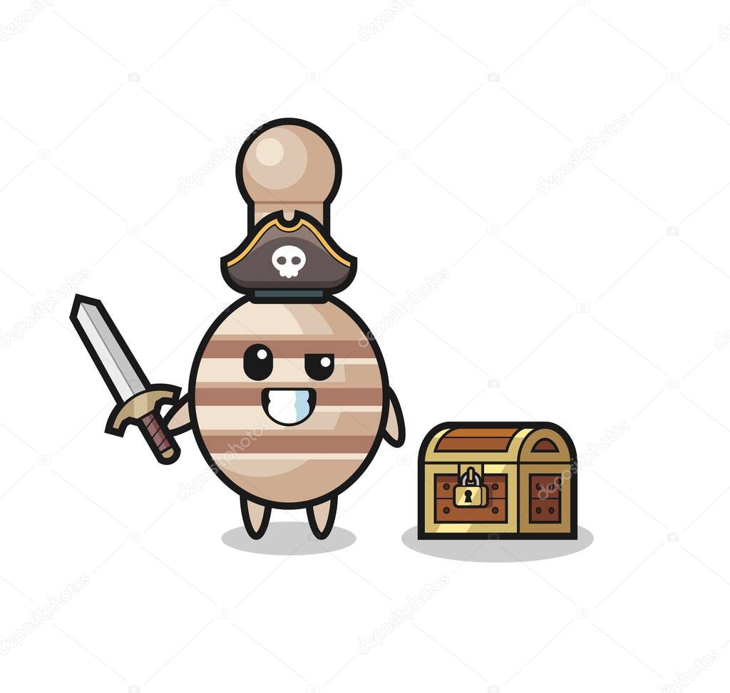 the honey dipper pirate character holding sword beside a treasure box , cute design