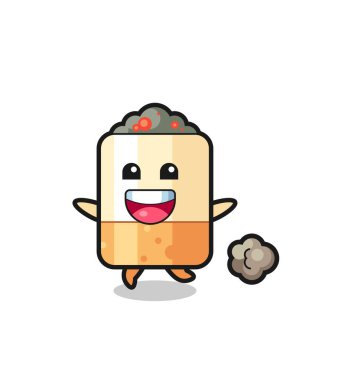 Koşu pozlu mutlu sigara karikatürü, şirin tasarım.