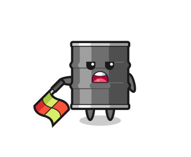 Yağ davulu karakteri çizgi hakemi olarak bayrağı 45 derecelik açıyla aşağıda tut, şirin tasarım.