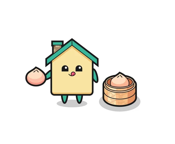 Lindo Personaje Casa Comiendo Bollos Vapor Lindo Diseño — Vector de stock