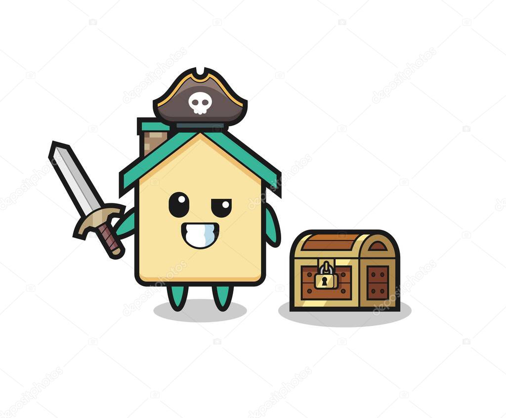 the house pirate character holding sword beside a treasure box , cute design