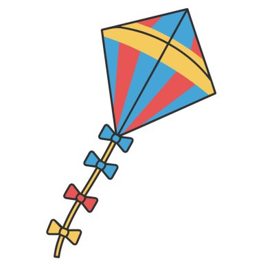 Renkli çizgi film uçurtması vektör çizimi. Kırmızı, mavi ve sarı çizgili elmas şekilli uçan oyuncak ve beyaz arka planda izole edilmiş fiyonklarla süslenmiş bir kuyruk..