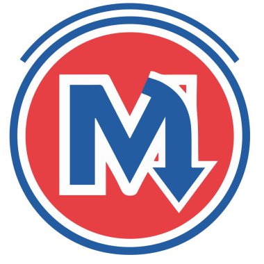Metro transit logo vektör çizimi. Kırmızı ve mavi dairesel rozette M harfi yer altında, beyaz arka planda izole edilmiş, aşağıya bakan bir ok var..