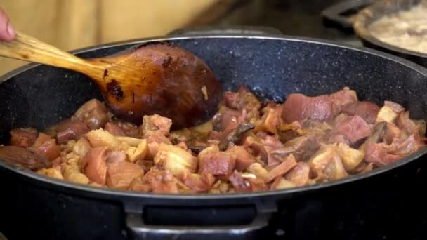 Koka en måltid i slow motion, gryta laga mat med grädde, en sked rör om i blandningen Lite kött och fläsksvål — Stockvideo