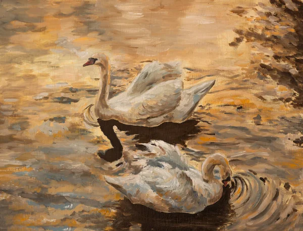 Two white swans on autumn lake. Fall scenery. Oil painting on canvas — Stock Photo, Image