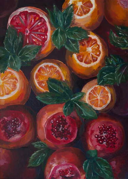 Garnet and oranges with leaves, oil painting illustration. Pattern with fruits.