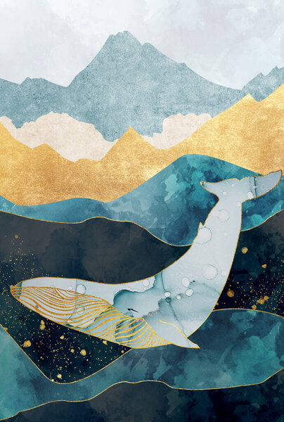абстрактная концепция пейзажной иллюстрации с золотом, мрамором, акварелью горы и кита. Абстрактные обои и фон