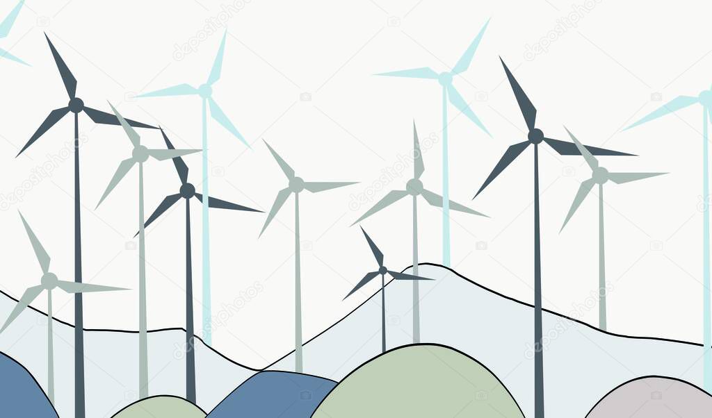 illustration of alternative energy resource with rotation windmills, wind turbines, field, mountains, trees, forest and sky. Summer landscape and windmill elements as symbol of ecological power