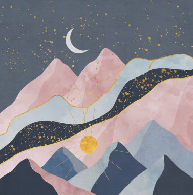 Güneş, ay ve yıldızlı dağların siluetleri. Altın elementli desenli alçının soyutlanması. İç baskı için duvar kâğıtları.