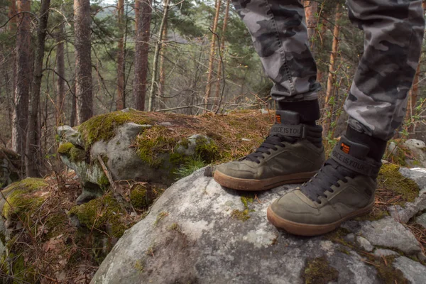 Prachtig uitzicht op enorme dennenbomen in een bos met mos overdekte rotsblokken. Rachaiskiy Alpen, Samara — Stockfoto