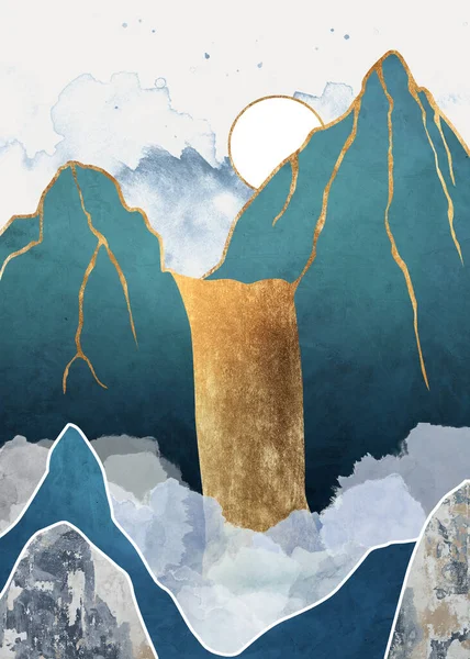 Bela Paisagem Com Nuvens Cachoeira Montanhas Design Plano Ouro Aquarela — Fotografia de Stock