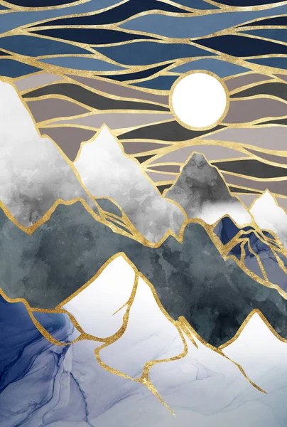 Montanhas abstratas com sol e nuvens em estilo japanesse. Ouro, mural e aquarela textura montanha. Imagem para papel de parede e fundo — Fotografia de Stock