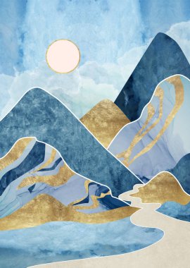 Peyzaj çizgisi sanatına sahip altın dağ duvar kağıdı tasarımı, kapak için altın lüks arka plan tasarımı, davet arka planı, ambalaj tasarımı, duvar sanatları, kumaş ve baskı.